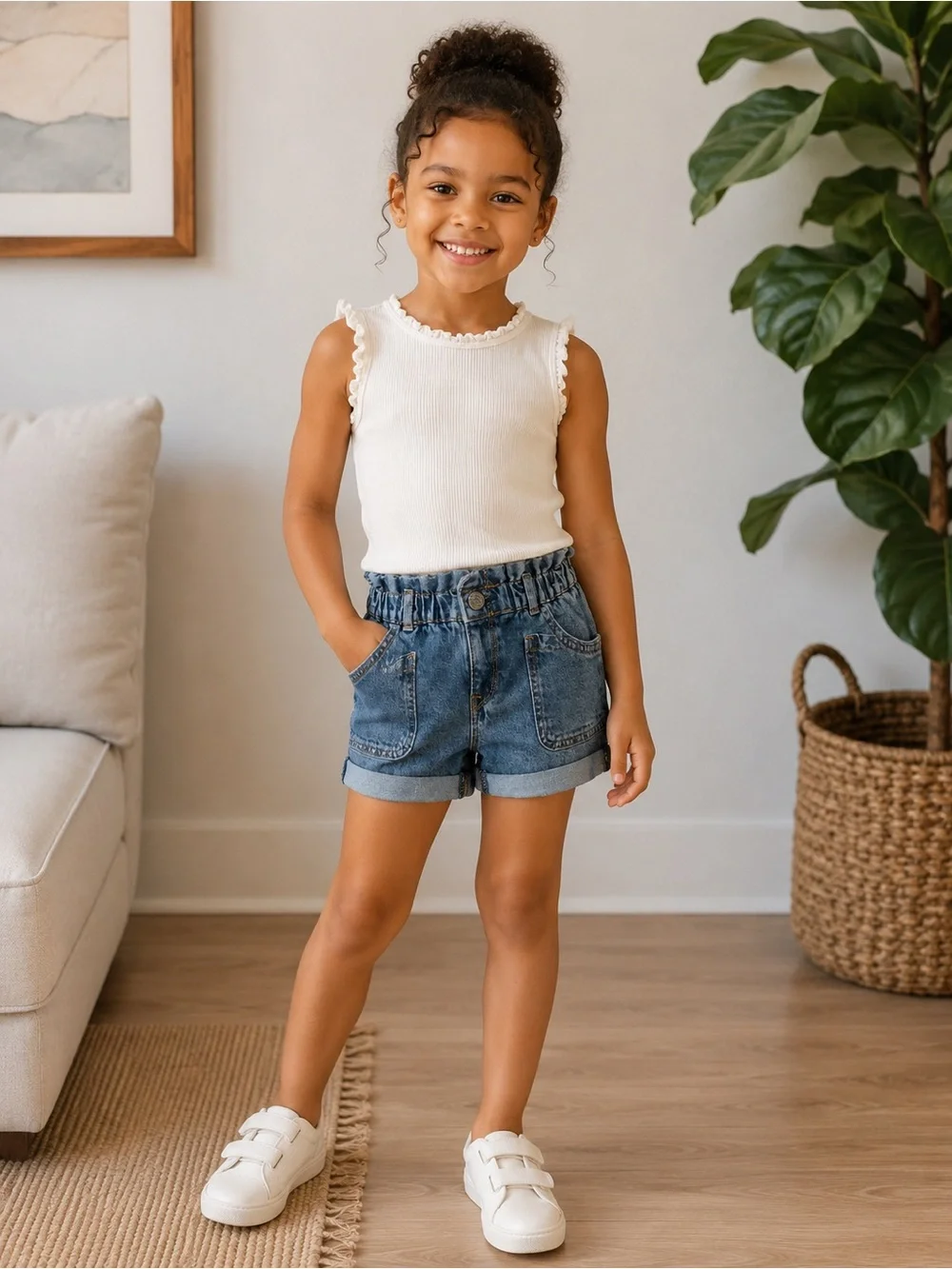 GAP Girls' Elastic Paperbag Denim Shorts - Blue with white tank top bundle